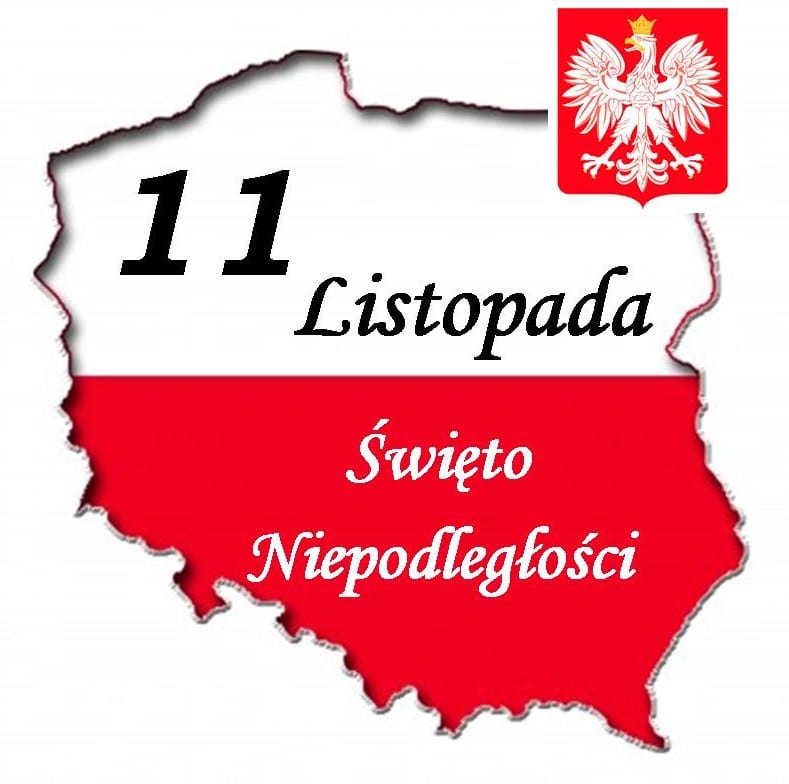 11 listopada - Święto Niepodległości Polski, z godłem i konturem kraju w barwach narodowych