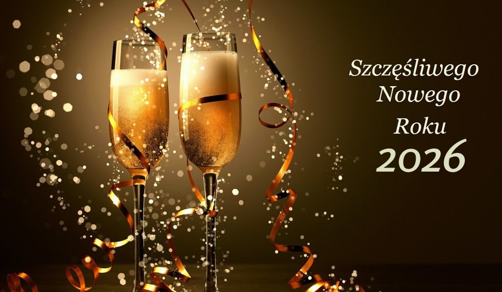 Dwa kieliszki szampana, złote serpentyny i konfetti; napis: Szczęśliwego Nowego Roku 2026